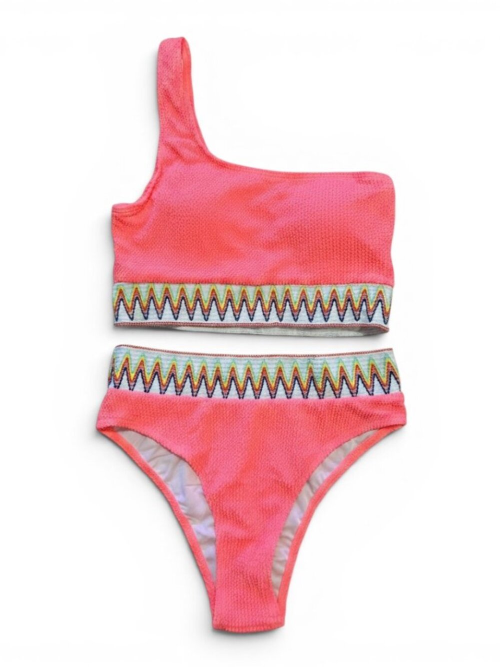 One-Shoulder Coral Pink Textured Bikini with Zigzag Band